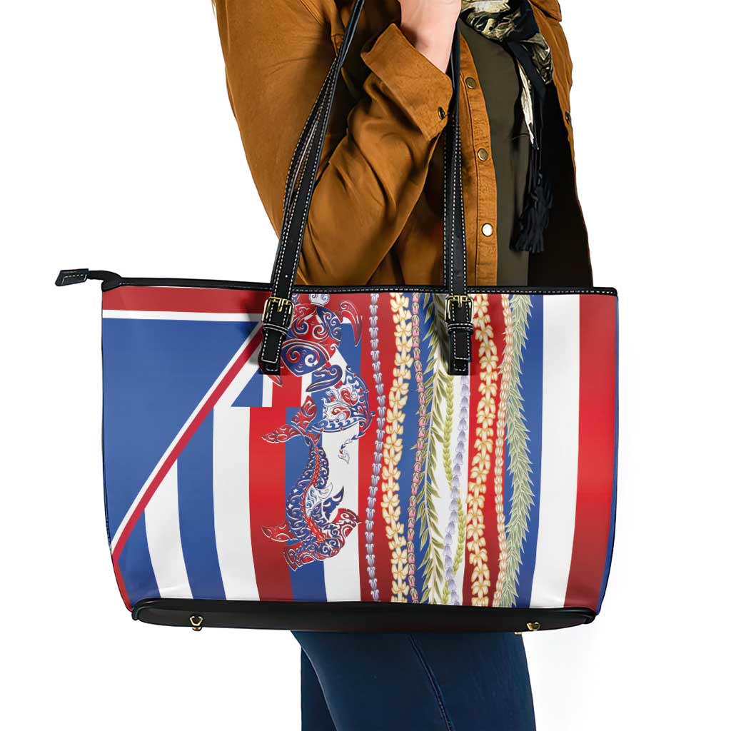 Hawaiian Sea Animals Leather Tote Bag with Lei and Flag Style