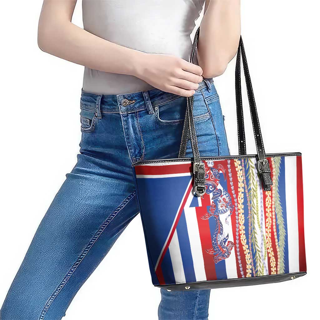 Hawaiian Sea Animals Leather Tote Bag with Lei and Flag Style