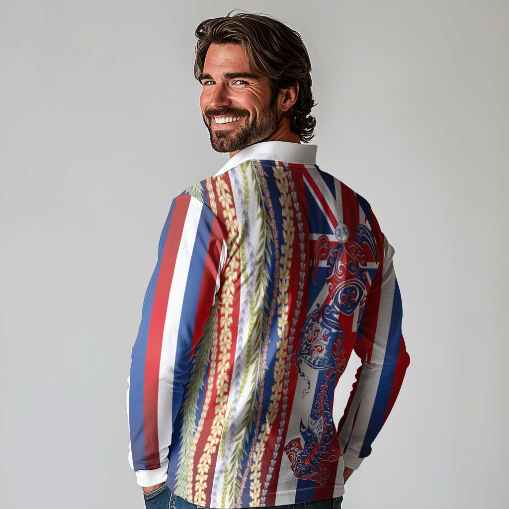 Hawaiian Sea Animals Long Sleeve Polo Shirt with Lei and Flag Style