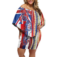 Hawaiian Sea Animals Off Shoulder Short Dress with Lei and Flag Style