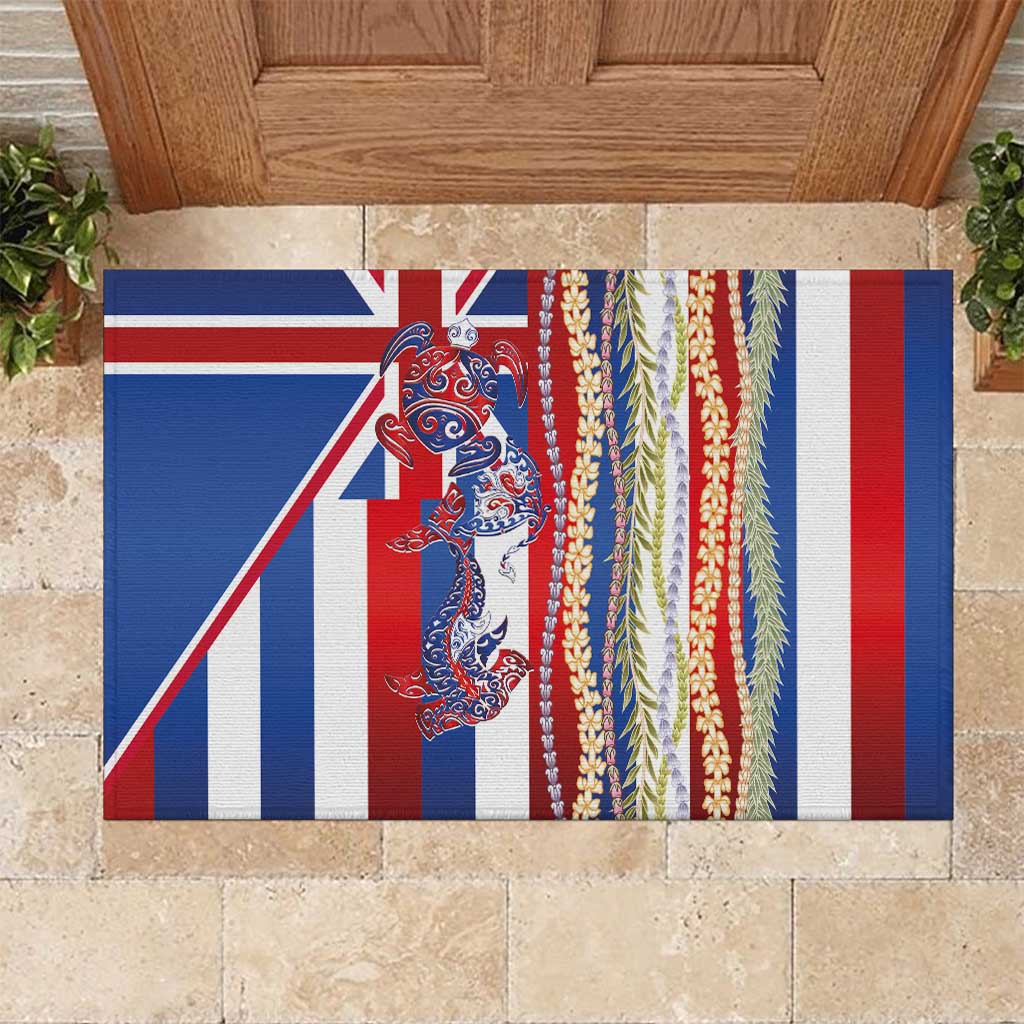 Hawaiian Sea Animals Rubber Doormat with Lei and Flag Style