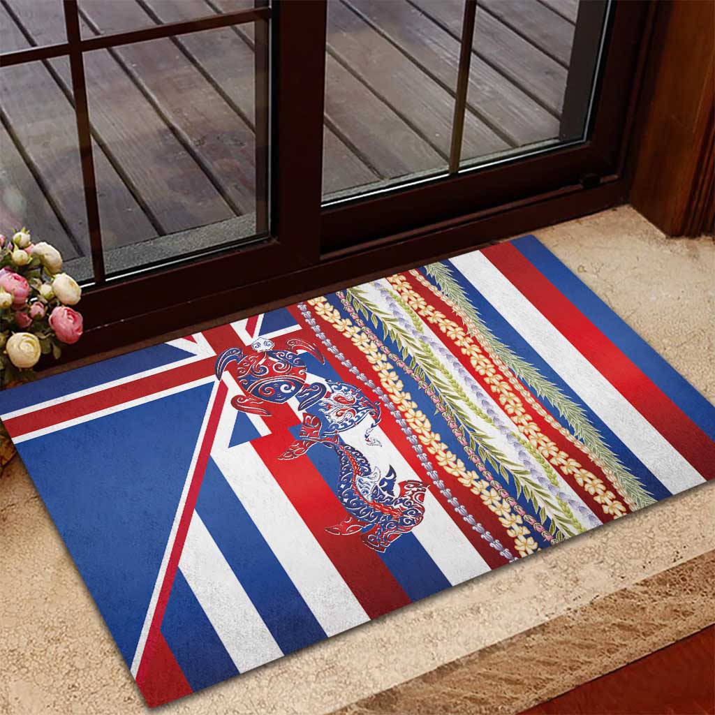 Hawaiian Sea Animals Rubber Doormat with Lei and Flag Style