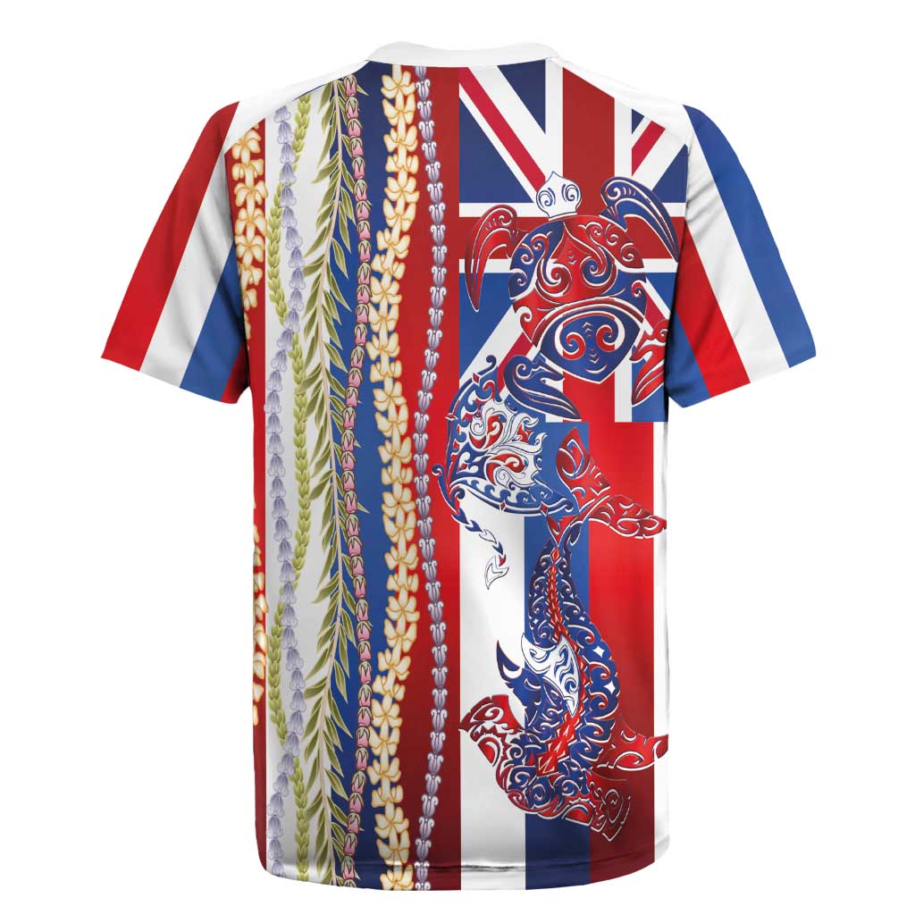 Hawaiian Sea Animals Rugby Jersey with Lei and Flag Style