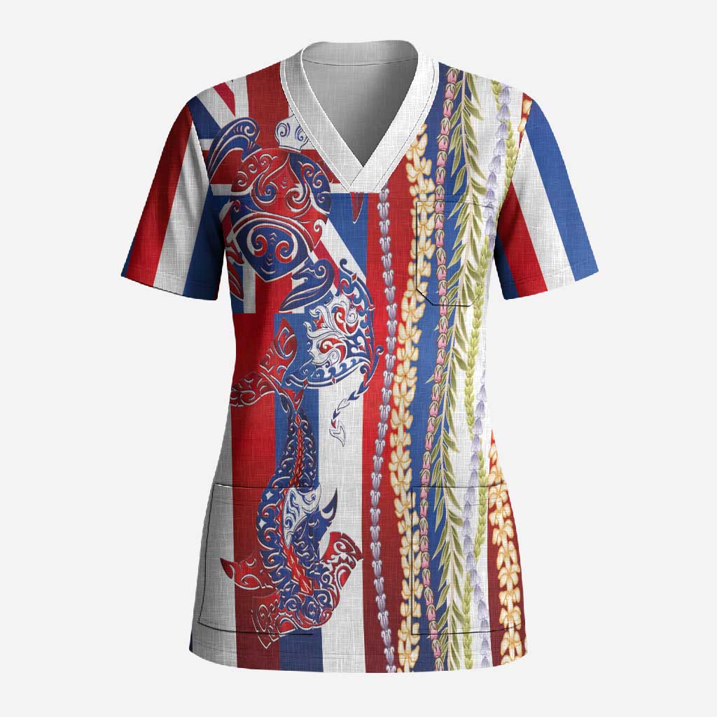 Hawaiian Sea Animals Scrub Top with Lei and Flag Style