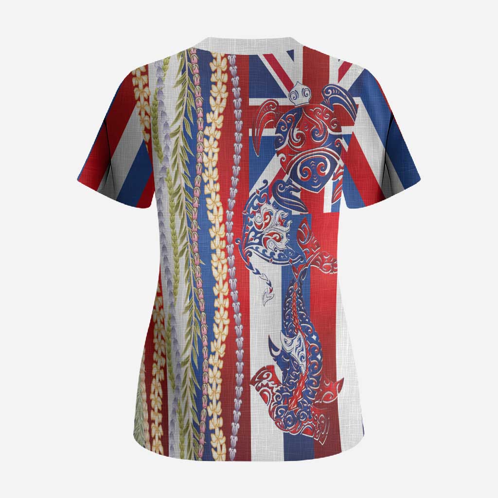 Hawaiian Sea Animals Scrub Top with Lei and Flag Style