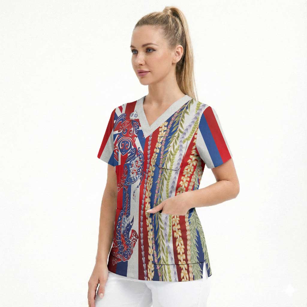 Hawaiian Sea Animals Scrub Top with Lei and Flag Style