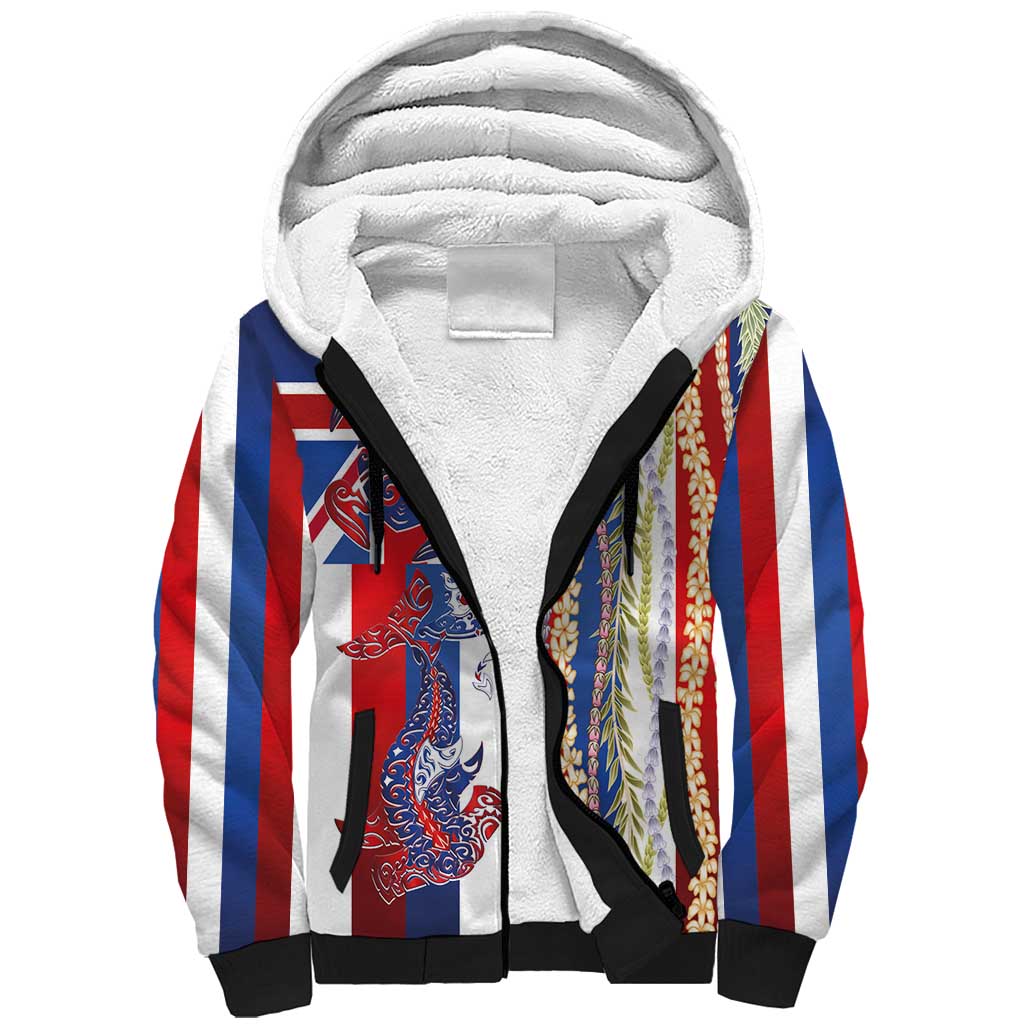 Hawaiian Sea Animals Sherpa Hoodie with Lei and Flag Style