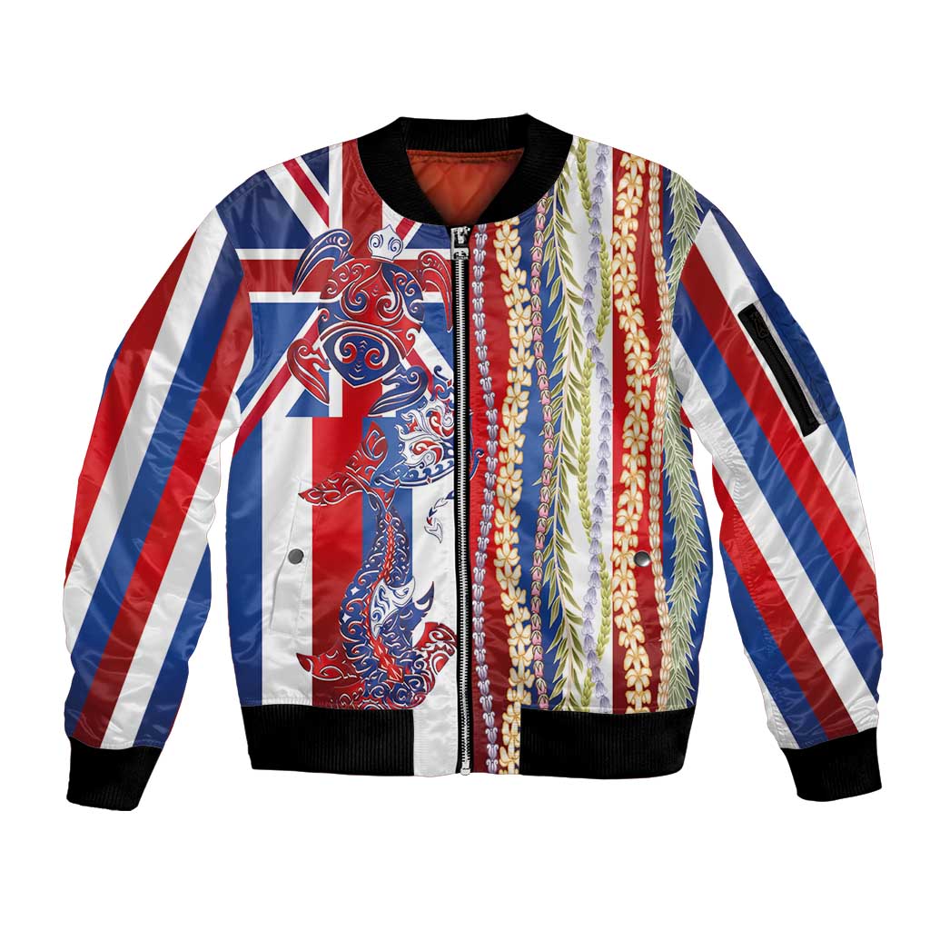 Hawaiian Sea Animals Sleeve Zip Bomber Jacket with Lei and Flag Style