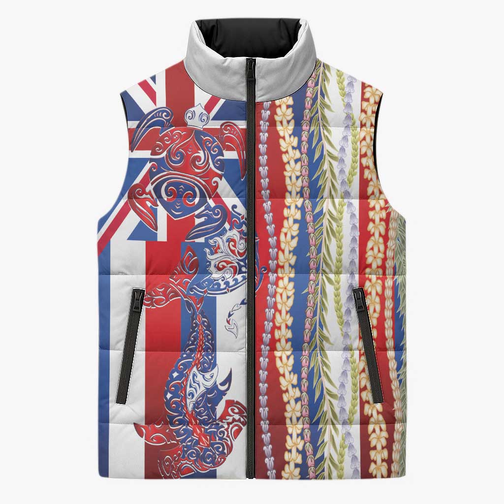 Hawaiian Sea Animals Sleeveless Puffer Jacket with Lei and Flag Style