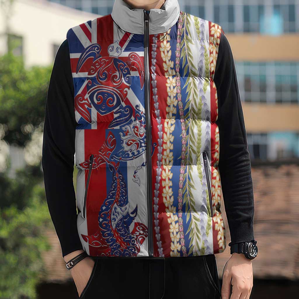 Hawaiian Sea Animals Sleeveless Puffer Jacket with Lei and Flag Style