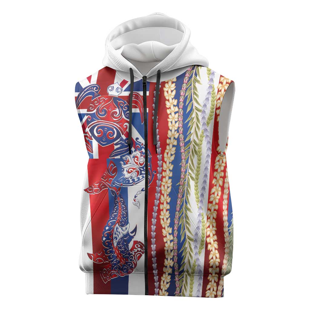 Hawaiian Sea Animals Sleeveless Zip Hoodie with Lei and Flag Style