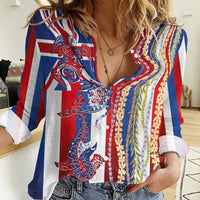 Hawaiian Sea Animals Women Casual Shirt with Lei and Flag Style