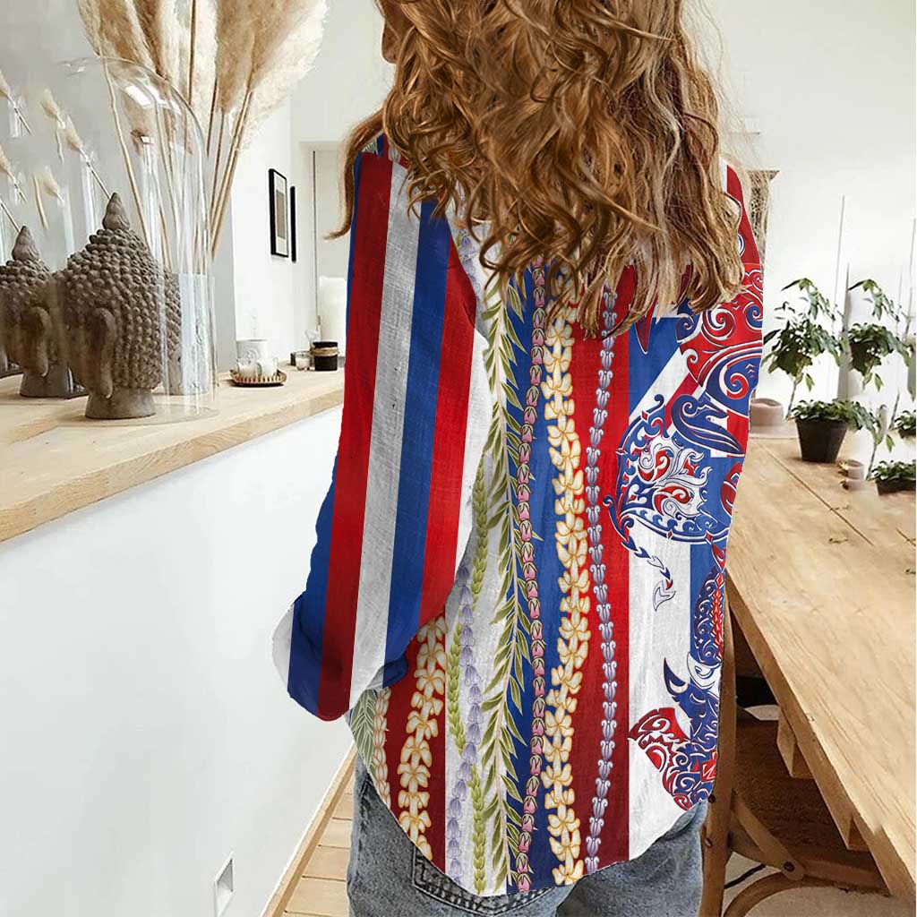 Hawaiian Sea Animals Women Casual Shirt with Lei and Flag Style