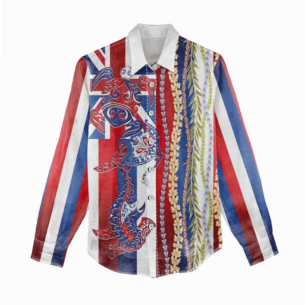 Hawaiian Sea Animals Women Casual Shirt with Lei and Flag Style