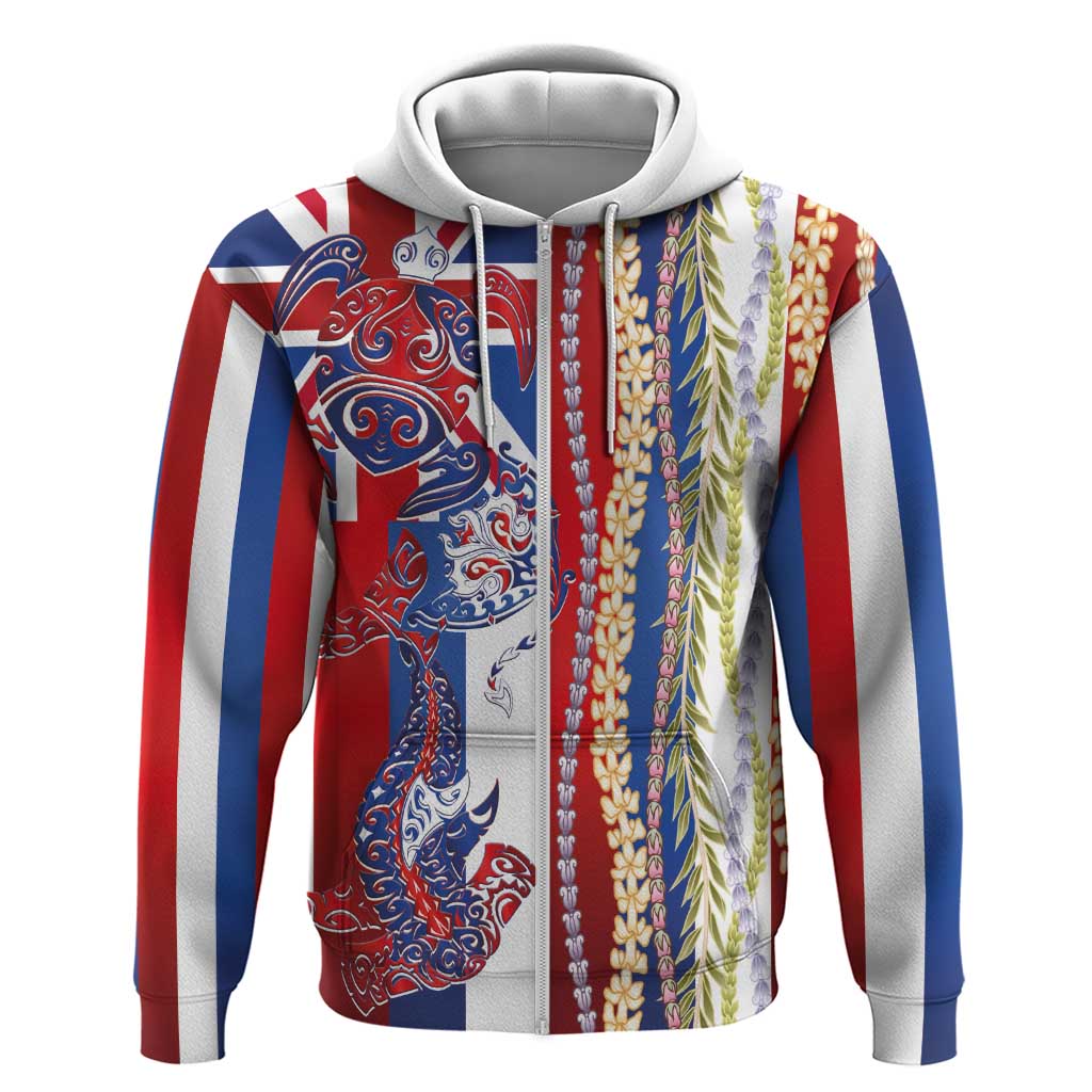 Hawaiian Sea Animals Zip Hoodie with Lei and Flag Style