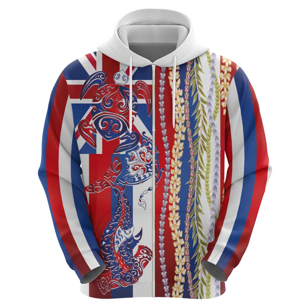 Hawaiian Sea Animals Zip Hoodie with Lei and Flag Style