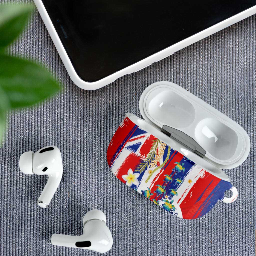 Hawaiian Sea Turtles and Plumeria AirPods Case with Lei and Flag Grunge Style