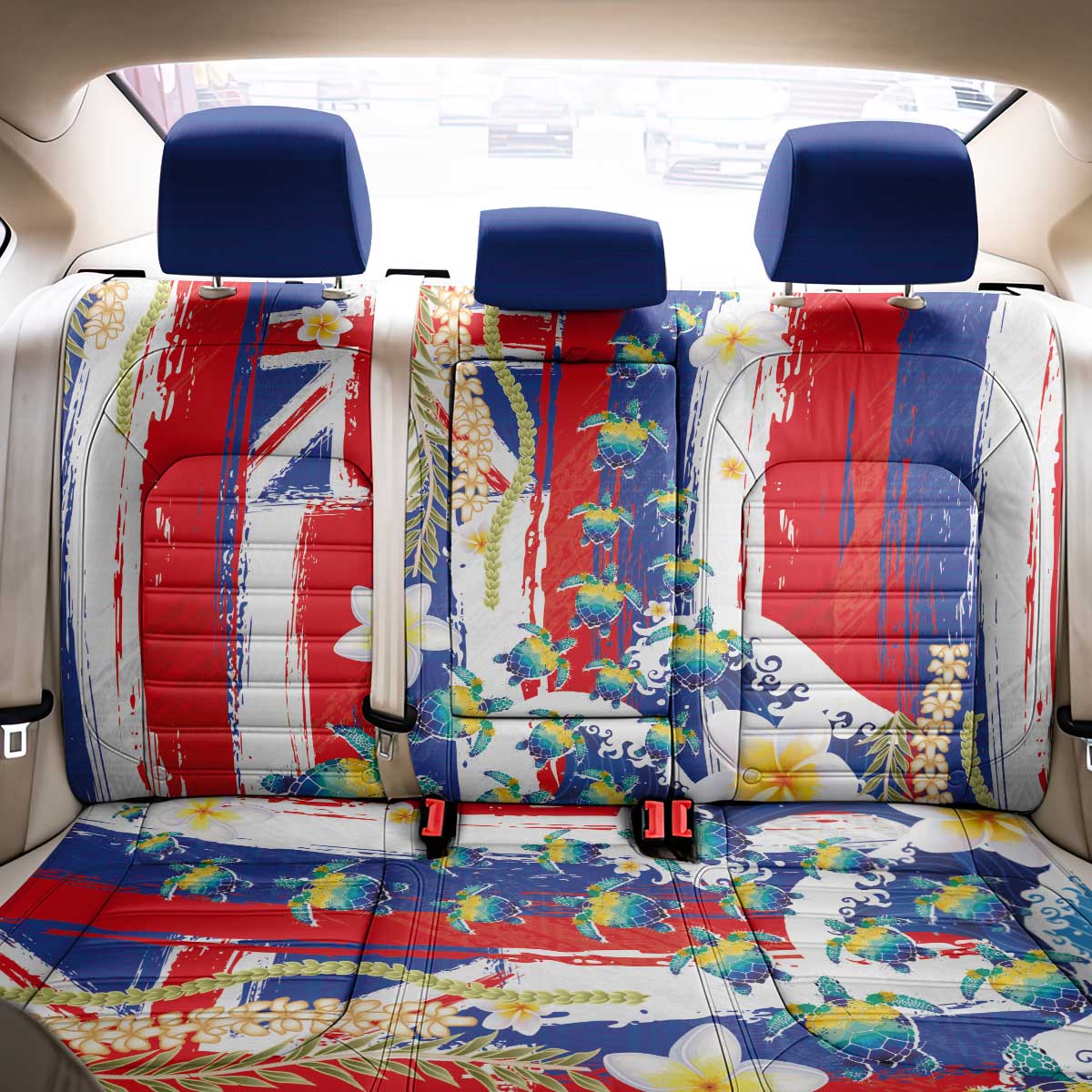 Hawaiian Sea Turtles and Plumeria Back Car Seat Cover with Lei and Flag Grunge Style
