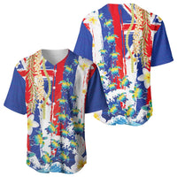 Hawaiian Sea Turtles and Plumeria Baseball Jersey with Lei and Flag Grunge Style