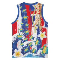Hawaiian Sea Turtles and Plumeria Basketball Jersey with Lei and Flag Grunge Style