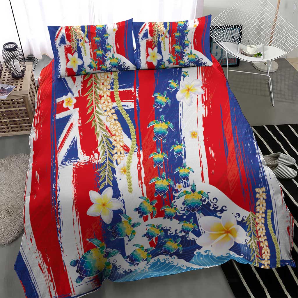 Hawaiian Sea Turtles and Plumeria Bedding Set with Lei and Flag Grunge Style