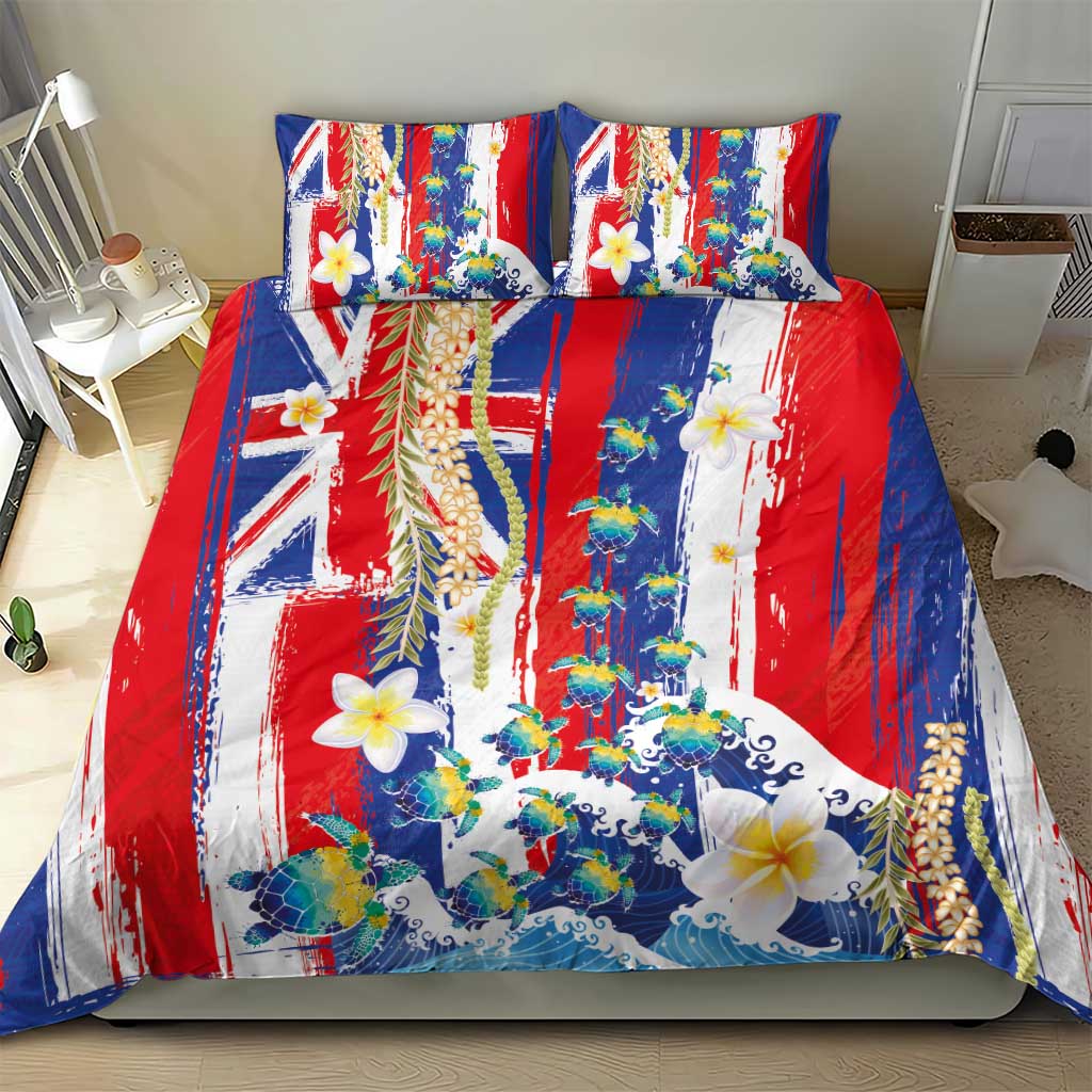 Hawaiian Sea Turtles and Plumeria Bedding Set with Lei and Flag Grunge Style