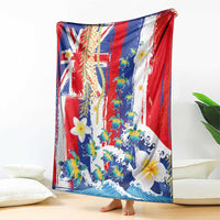 Hawaiian Sea Turtles and Plumeria Blanket with Lei and Flag Grunge Style