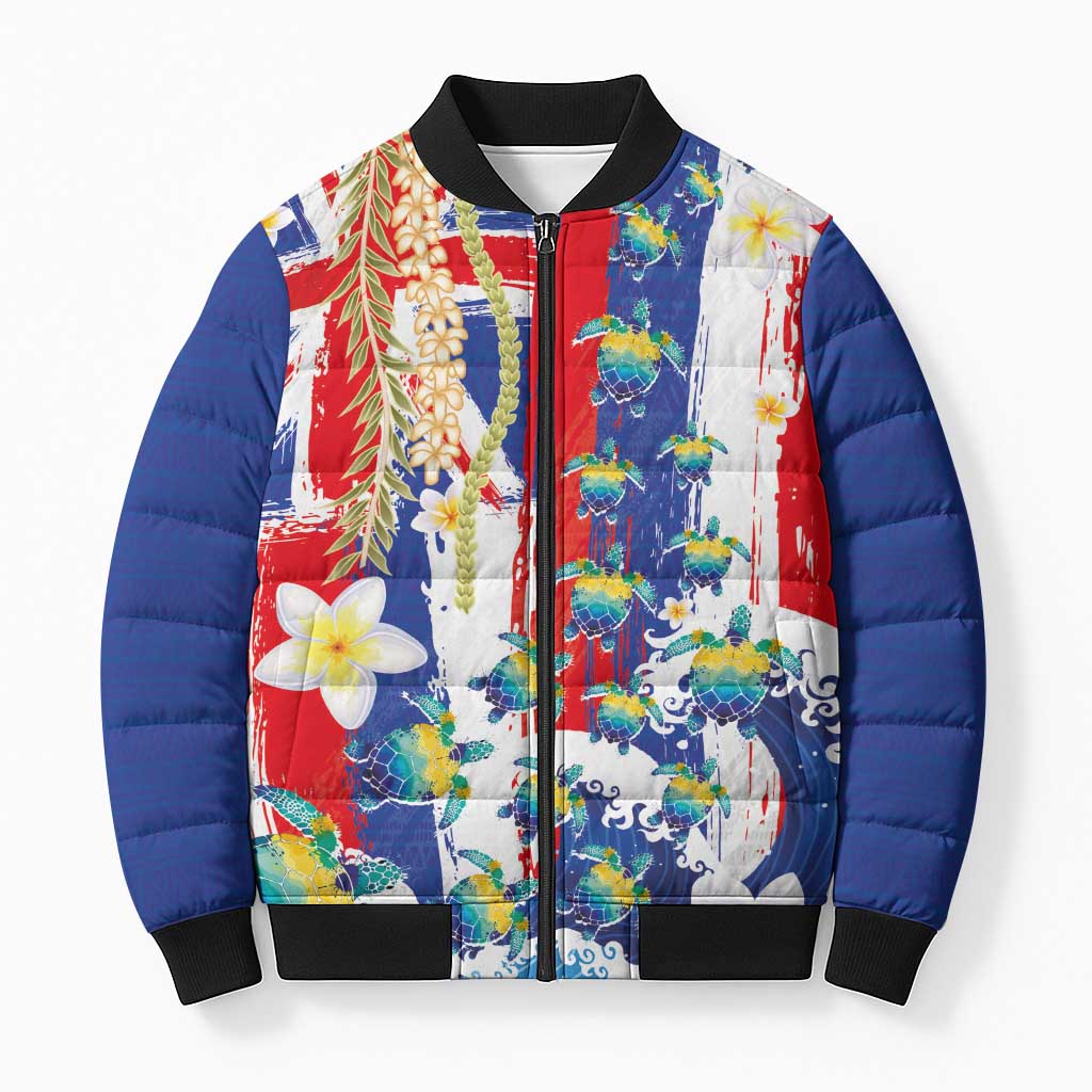 Hawaiian Sea Turtles and Plumeria Bomber Puffer Jacket with Lei and Flag Grunge Style