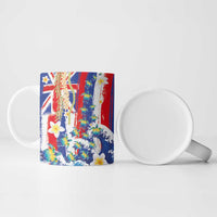 Hawaiian Sea Turtles and Plumeria Ceramic Mug with Lei and Flag Grunge Style