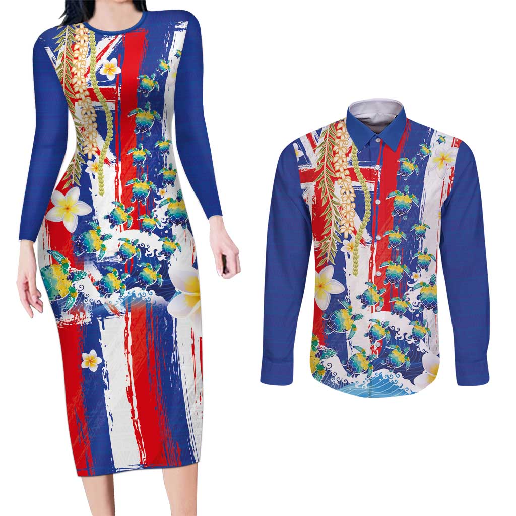 Hawaiian Sea Turtles and Plumeria Couples Matching Long Sleeve Bodycon Dress and Long Sleeve Button Shirt with Lei and Flag Grunge Style