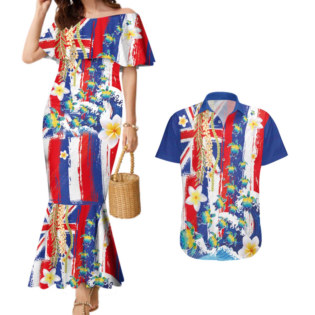 Hawaiian Sea Turtles and Plumeria Couples Matching Mermaid Dress and Hawaiian Shirt with Lei and Flag Grunge Style