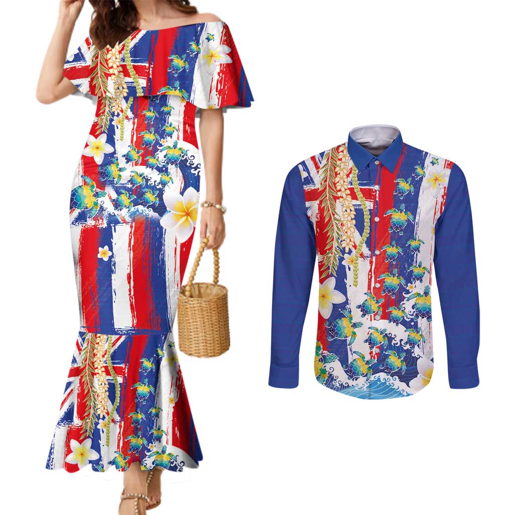 Hawaiian Sea Turtles and Plumeria Couples Matching Mermaid Dress and Long Sleeve Button Shirt with Lei and Flag Grunge Style LT03 Multicolor - Polynesian Pride