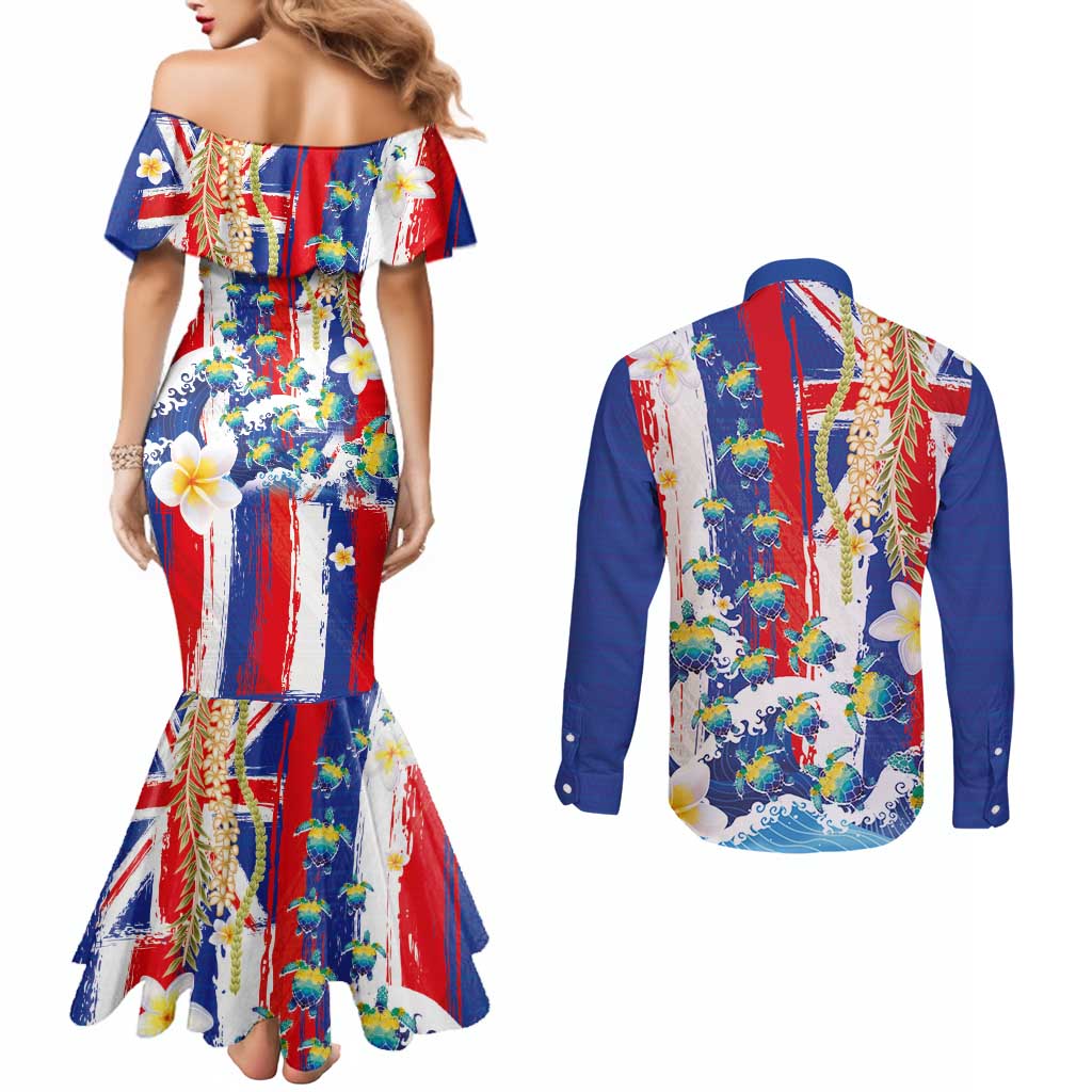Hawaiian Sea Turtles and Plumeria Couples Matching Mermaid Dress and Long Sleeve Button Shirt with Lei and Flag Grunge Style LT03 - Polynesian Pride