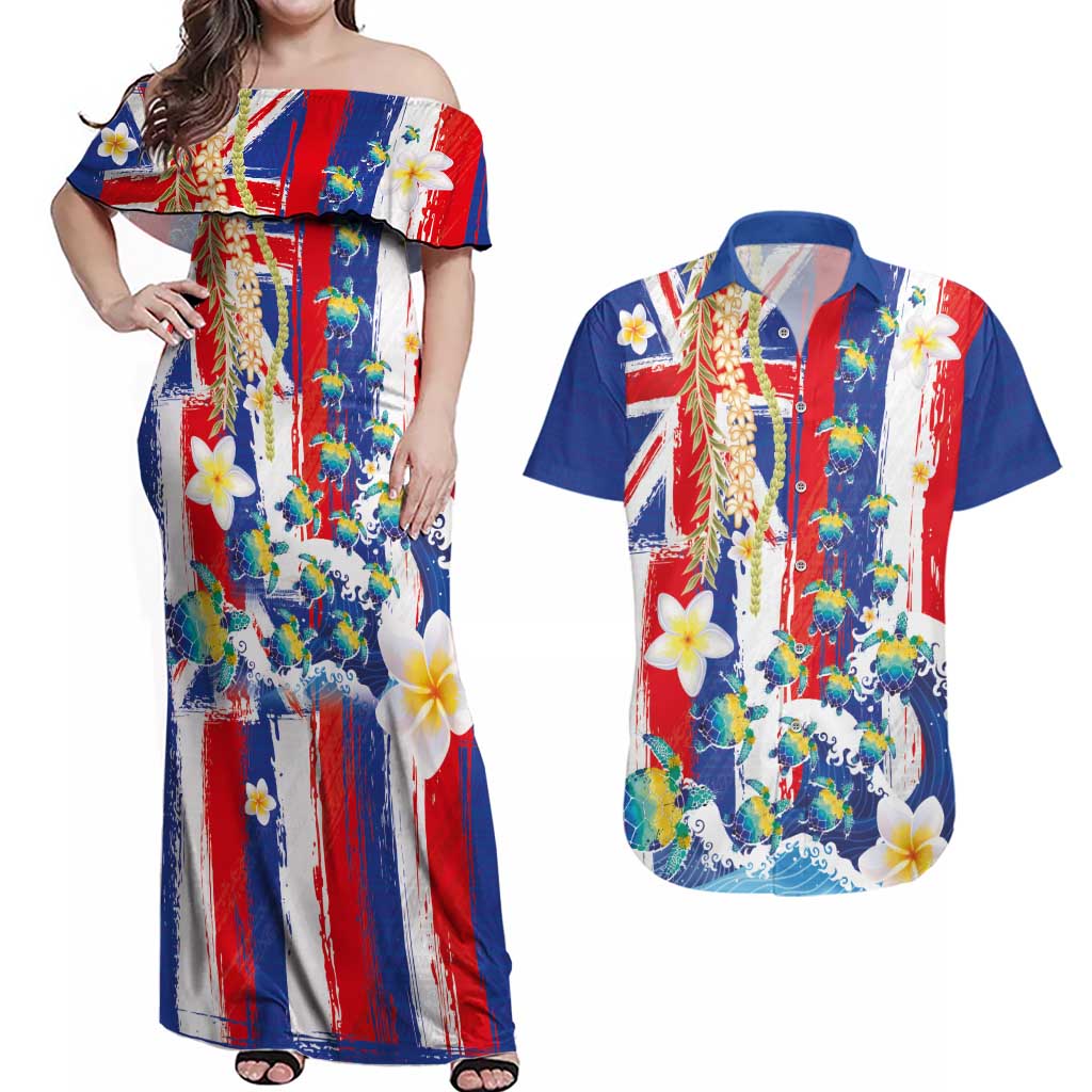 Hawaiian Sea Turtles and Plumeria Couples Matching Off Shoulder Maxi Dress and Hawaiian Shirt with Lei and Flag Grunge Style