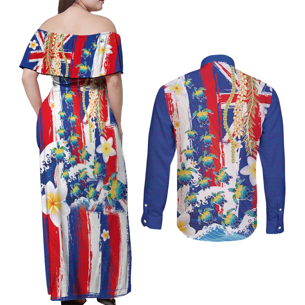 Hawaiian Sea Turtles and Plumeria Couples Matching Off Shoulder Maxi Dress and Long Sleeve Button Shirt with Lei and Flag Grunge Style LT03 - Polynesian Pride