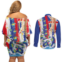 Hawaiian Sea Turtles and Plumeria Couples Matching Off Shoulder Short Dress and Long Sleeve Button Shirt with Lei and Flag Grunge Style LT03 - Polynesian Pride