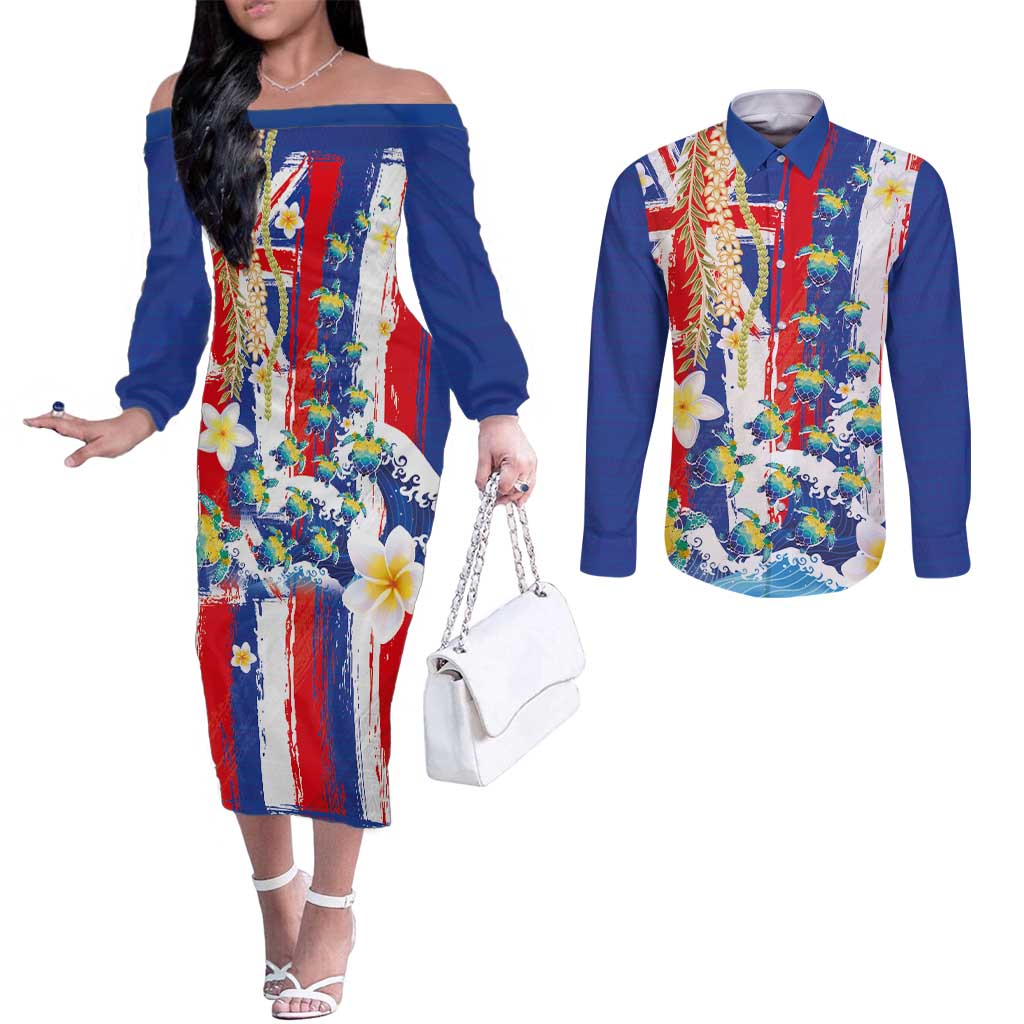 Hawaiian Sea Turtles and Plumeria Couples Matching Off The Shoulder Long Sleeve Dress and Long Sleeve Button Shirt with Lei and Flag Grunge Style