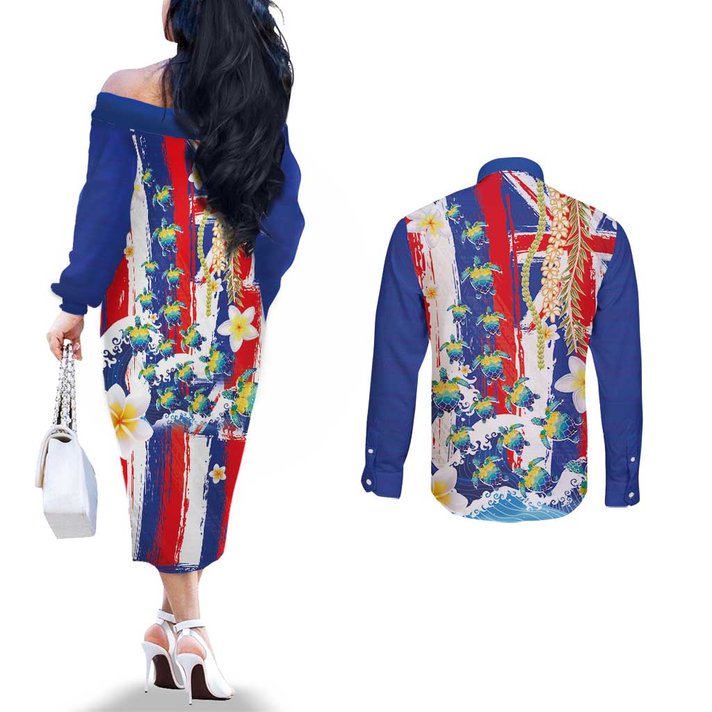 Hawaiian Sea Turtles and Plumeria Couples Matching Off The Shoulder Long Sleeve Dress and Long Sleeve Button Shirt with Lei and Flag Grunge Style LT03 - Polynesian Pride