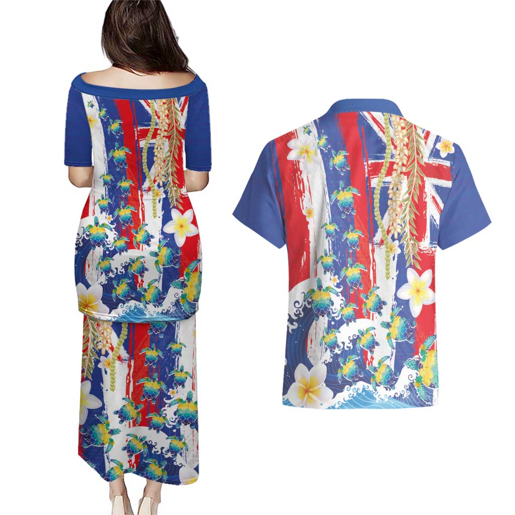 Hawaiian Sea Turtles and Plumeria Couples Matching Puletasi and Hawaiian Shirt with Lei and Flag Grunge Style LT03 - Polynesian Pride