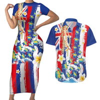 Hawaiian Sea Turtles and Plumeria Couples Matching Short Sleeve Bodycon Dress and Hawaiian Shirt with Lei and Flag Grunge Style LT03 Multicolor - Polynesian Pride