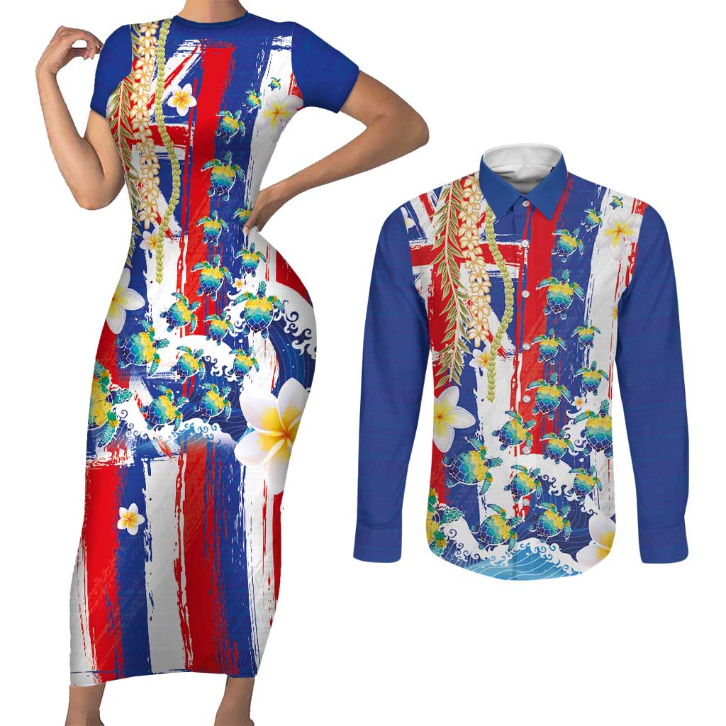 Hawaiian Sea Turtles and Plumeria Couples Matching Short Sleeve Bodycon Dress and Long Sleeve Button Shirt with Lei and Flag Grunge Style