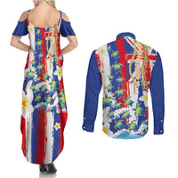 Hawaiian Sea Turtles and Plumeria Couples Matching Summer Maxi Dress and Long Sleeve Button Shirt with Lei and Flag Grunge Style LT03 - Polynesian Pride