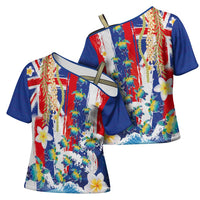Hawaiian Sea Turtles and Plumeria Cross Shoulder Shirt with Lei and Flag Grunge Style