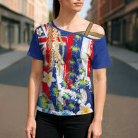 Hawaiian Sea Turtles and Plumeria Cross Shoulder Shirt with Lei and Flag Grunge Style