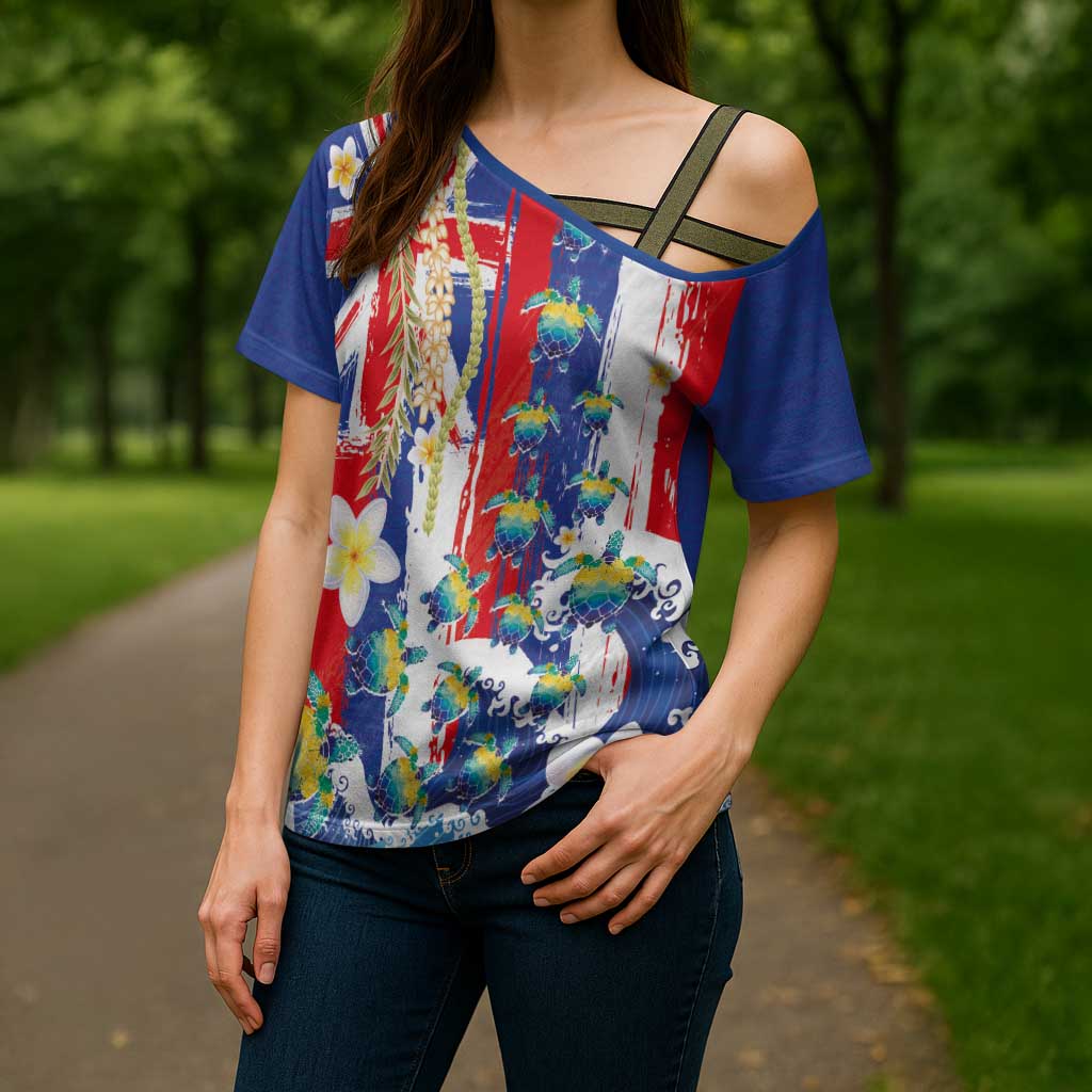 Hawaiian Sea Turtles and Plumeria Cross Shoulder Shirt with Lei and Flag Grunge Style