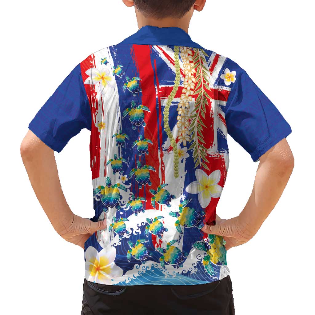 Hawaiian Sea Turtles and Plumeria Family Matching Long Sleeve Bodycon Dress and Hawaiian Shirt with Lei and Flag Grunge Style LT03 - Polynesian Pride