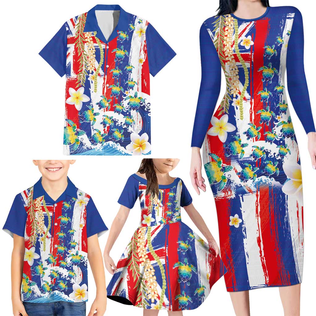Hawaiian Sea Turtles and Plumeria Family Matching Long Sleeve Bodycon Dress and Hawaiian Shirt with Lei and Flag Grunge Style LT03 - Polynesian Pride