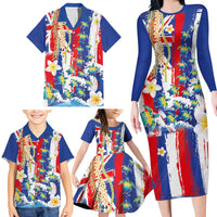 Hawaiian Sea Turtles and Plumeria Family Matching Long Sleeve Bodycon Dress and Hawaiian Shirt with Lei and Flag Grunge Style LT03 - Polynesian Pride