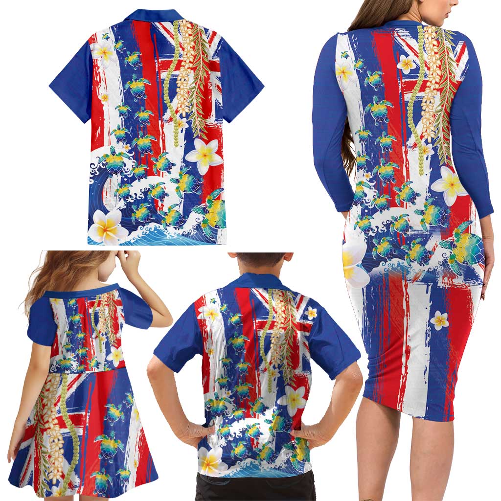 Hawaiian Sea Turtles and Plumeria Family Matching Long Sleeve Bodycon Dress and Hawaiian Shirt with Lei and Flag Grunge Style LT03 - Polynesian Pride