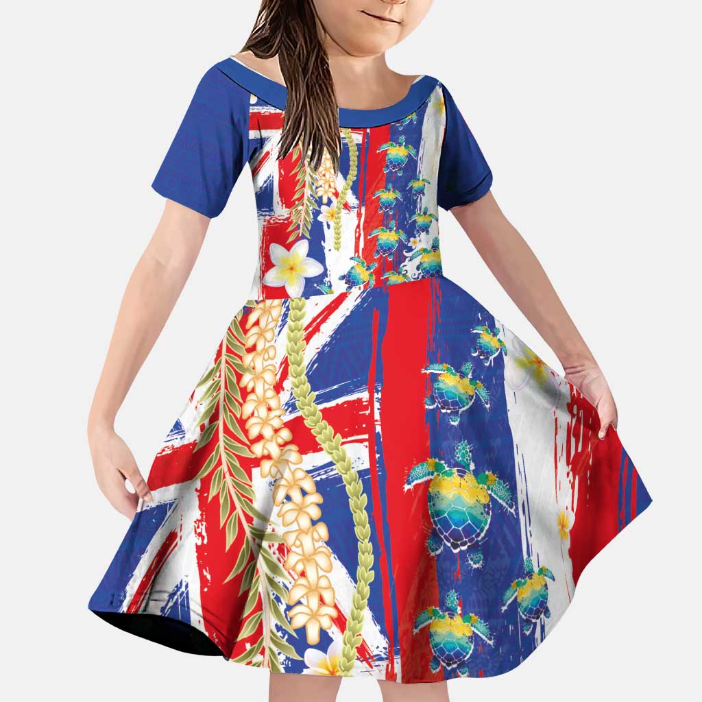 Hawaiian Sea Turtles and Plumeria Family Matching Mermaid Dress and Hawaiian Shirt with Lei and Flag Grunge Style LT03 Daughter's Dress Multicolor - Polynesian Pride
